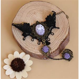 Fashion Black Gothic Lace Wristband Gem Bracelet with Ring J17877