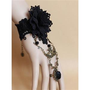 Fashion Black Gothic Lace Flower Wristband Euripean Style Bracelet with Ring J17880