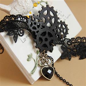 Fashion Black Gothic Punk Style Lace Wristband Gear Bracelet with Ring J17882