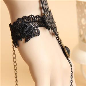 Fashion Black Gothic Punk Style Lace Wristband Gear Bracelet with Ring J17882
