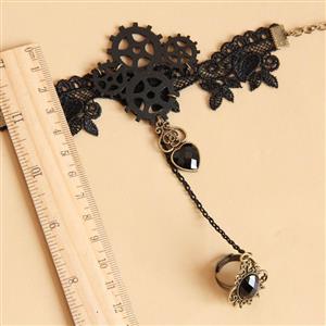 Fashion Black Gothic Punk Style Lace Wristband Gear Bracelet with Ring J17882