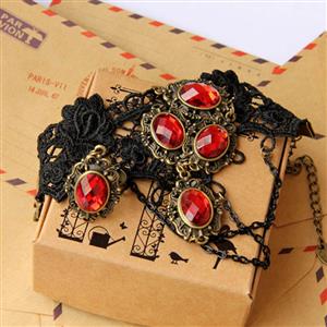 Black Vampire Gothic Lace Wristband Ruby Bracelet Metal Ring J17811