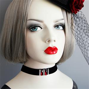 Gothic Black Velvet Rhinestone and Ruby Embellishment Choker Necklace J18803