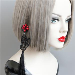 Gothic Style Flower Modeling Ruby with Butterfly Shape Lace and Tassel Embellished Earrings J18421