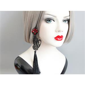 Gothic Style Flower Modeling Ruby with Butterfly Shape Lace and Tassel Embellished Earrings J18421