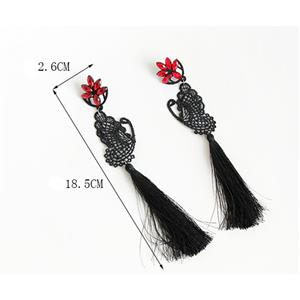 Gothic Style Flower Modeling Ruby with Butterfly Shape Lace and Tassel Embellished Earrings J18421