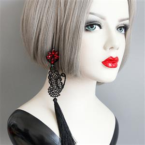 Gothic Style Flower Modeling Ruby with Butterfly Shape Lace and Tassel Embellished Earrings J18421