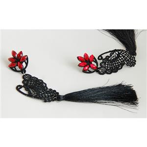 Gothic Style Flower Modeling Ruby with Butterfly Shape Lace and Tassel Embellished Earrings J18421