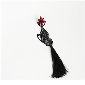 Gothic Style Flower Modeling Ruby with Butterfly Shape Lace and Tassel Embellished Earrings J18421