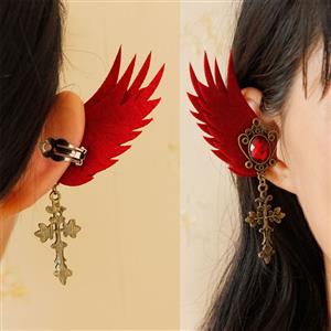 Gothic Style Red Wings and Ruby Alloy Clip Earrings with Cross J18385