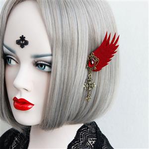 Gothic Style Red Wings and Ruby Alloy Clip Earrings with Cross J18385