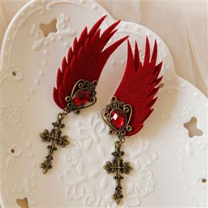Gothic Style Red Wings and Ruby Alloy Clip Earrings with Cross J18385