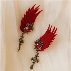 Gothic Style Red Wings and Ruby Alloy Clip Earrings with Cross J18385