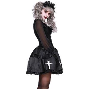 Gothic Black Vampire Cross Off-shoulder Sheer Mesh Mini Dress Halloween Ghost Bride Costume N19927