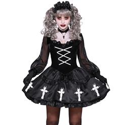 Gothic Black Vampire Cross Off-shoulder Sheer Mesh Mini Dress Halloween Ghost Bride Costume N19927