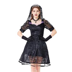 Gothic Vampire Black Multi-layered Lace Wedding Dress Adult Ghost Bride Costume N20738