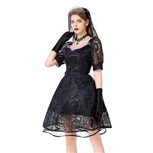 Gothic Vampire Black Multi-layered Lace Wedding Dress Adult Ghost Bride Costume N20738