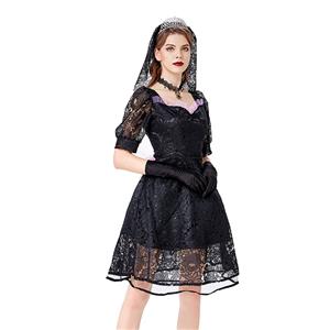 Gothic Vampire Black Multi-layered Lace Wedding Dress Adult Ghost Bride Costume N20738