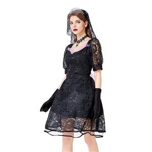 Gothic Vampire Black Multi-layered Lace Wedding Dress Adult Ghost Bride Costume N20738