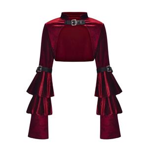 Medieval Victorian Gothic Wine-red Velvet Stand Collar Long Layered Sleeve Shrug Bolero N20159