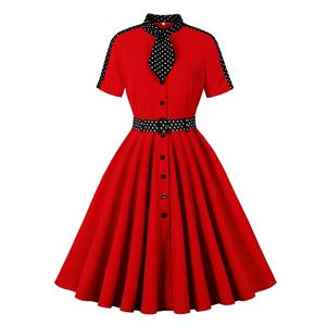 Audrey Hepburn dress, vintage polka dot dress, A-line midi dress, red black dress, bow tie collar, puffed sleeve dress, 1950s style dress, retro tea dress, waist tie dress, cotton vintage dress #N237809