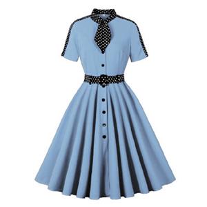 Audrey Hepburn dress, vintage polka dot dress, A-line midi dress, red blue dress, bow tie collar, puffed sleeve dress, 1950s style dress, retro tea dress, waist tie dress, cotton vintage dress #N237810