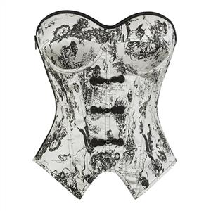 gothic corset, vintage toile corset, Victorian bustier, bow detail corset, lace-up back corset, black and white corset, steampunk top, alternative fashion, structured waist cincher, romantic goth, edgy lingerie, printed corset top, bustier with straps, vintage-inspired, feminine corset #N23911