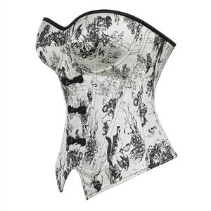 Gothic Vintage Print Corset Top – Victorian Style Bustier with Bow Details & Lace-Up Back N23911