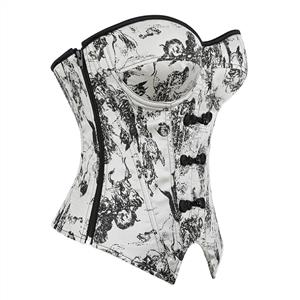 Gothic Vintage Print Corset Top – Victorian Style Bustier with Bow Details & Lace-Up Back N23911