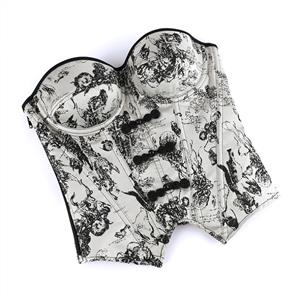 Gothic Vintage Print Corset Top – Victorian Style Bustier with Bow Details & Lace-Up Back N23911