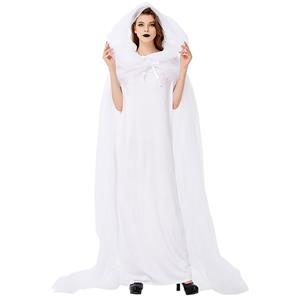 Vintage White Ghost Bride Long Wedding Dress and Mesh Long Cloak Adult Halloween Costume N19444