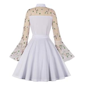 Retro White Lapel See-through Mesh Floral Embroidered Flare Sleeve Stitching A-line Dress N22456