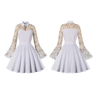 Retro White Lapel See-through Mesh Floral Embroidered Flare Sleeve Stitching A-line Dress N22456
