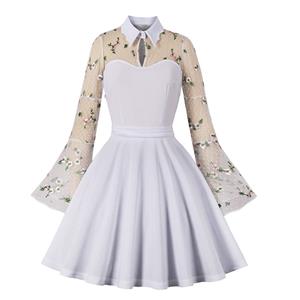 Retro White Lapel See-through Mesh Floral Embroidered Flare Sleeve Stitching A-line Dress N22456