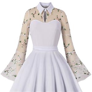 Retro White Lapel See-through Mesh Floral Embroidered Flare Sleeve Stitching A-line Dress N22456