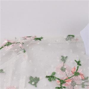 Retro White Lapel See-through Mesh Floral Embroidered Flare Sleeve Stitching A-line Dress N22456