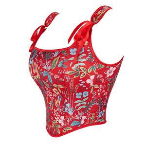 Retro Wide Shoulder Straps Multi Color Flower Pattern 13 Plastic Boned Overbust Corset N23469