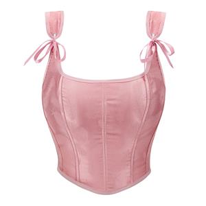 Retro Wide Shoulder Straps Pink Leaf Print 13 Plastic Boned Overbust Corset N23470