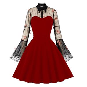 Wine-red Lapel See-through Mesh Floral Embroidered Horn Sleeve Stitching A-line Dress N22988