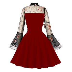Wine-red Lapel See-through Mesh Floral Embroidered Horn Sleeve Stitching A-line Dress N22988