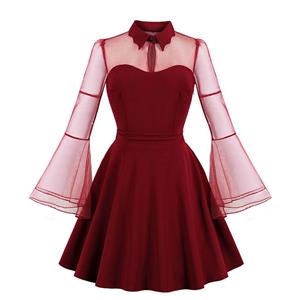Sexy Gothic Wine Red See-through Mesh Splicing Flare Sleeve Vampire High Waist Midi Dress N18644