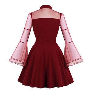 Sexy Gothic Wine Red See-through Mesh Splicing Flare Sleeve Vampire High Waist Midi Dress N18644