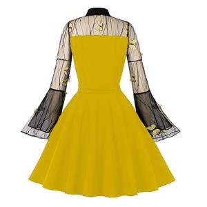 Yellow Lapel See-through Mesh Floral Embroidered Horn Sleeve Stitching A-line Dress N22989