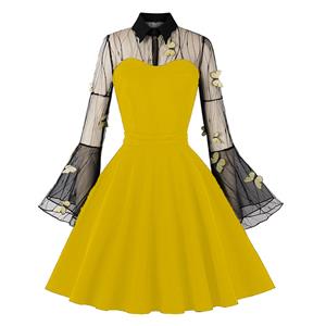 Yellow Lapel See-through Mesh Floral Embroidered Horn Sleeve Stitching A-line Dress N22989