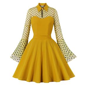Round Dot Party Dress,Lapel Party Dress,Vintage Flare Sleeve Swing Dresses,A-line Cocktail Party Swing Dresses,Retro Yellow Dress,Flare Sleeve Stitching Day Dress,Retro Long Sleeve Yellow Dress #22466