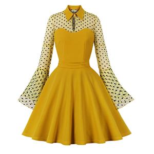 Vintage Yellow Lapel See-through Mesh Round Dot Flare Sleeve Stitching A-line Dress N22466