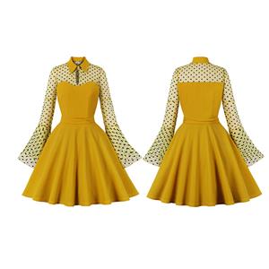 Vintage Yellow Lapel See-through Mesh Round Dot Flare Sleeve Stitching A-line Dress N22466