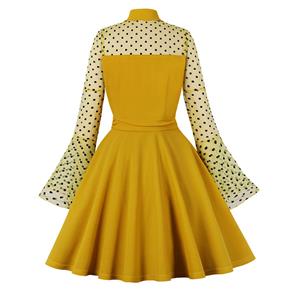 Vintage Yellow Lapel See-through Mesh Round Dot Flare Sleeve Stitching A-line Dress N22466