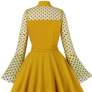Vintage Yellow Lapel See-through Mesh Round Dot Flare Sleeve Stitching A-line Dress N22466