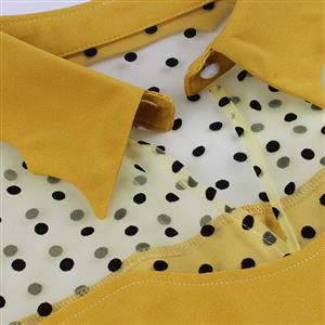 Vintage Yellow Lapel See-through Mesh Round Dot Flare Sleeve Stitching A-line Dress N22466